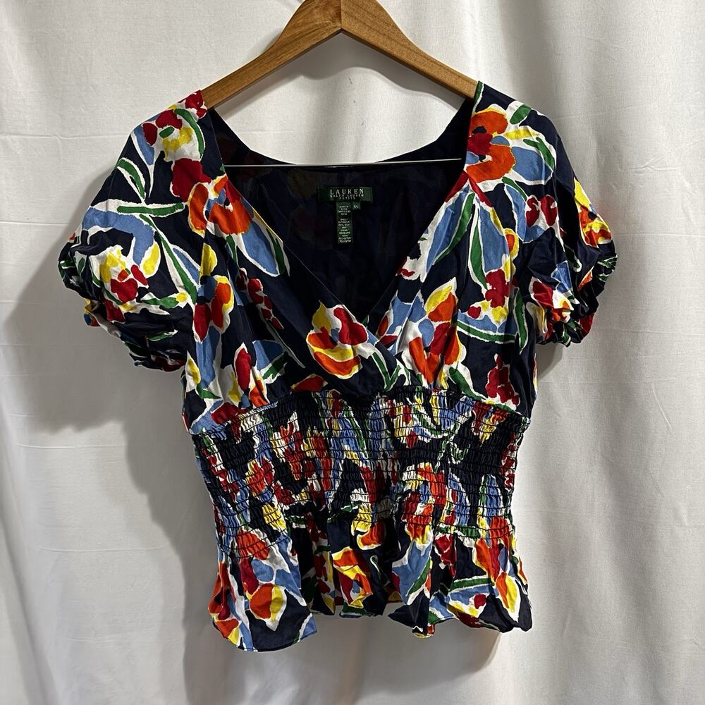 Lauren Ralph Lauren Women Floral Puff Sleeve Smocked Waist Silk Top Large petite